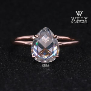 Hidden Halo Solitaire Designer Ring, Fiery 1.75/ 2.5/ 3.5 Carat Pear Rose Cut Moissanite Engagement Ring, Four Prong Basket Set Wedding Ring
