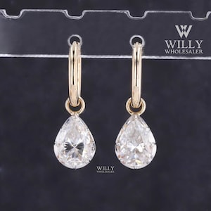8 Prong Solitaire Earrings, Amazing 1.5/ 2/ 2.8 TCW Pear Cut Moissanite Engagement Earrings, Two Tone Hinged Back Huggie Hoop Style Earrings