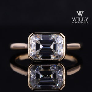 East West Set Designer Wedding Ring Gift, Full Bezel Set Solitaire Anniversary Ring, 2 / 3 / 5 Carat Emerald Cut Moissanite Engagement Ring