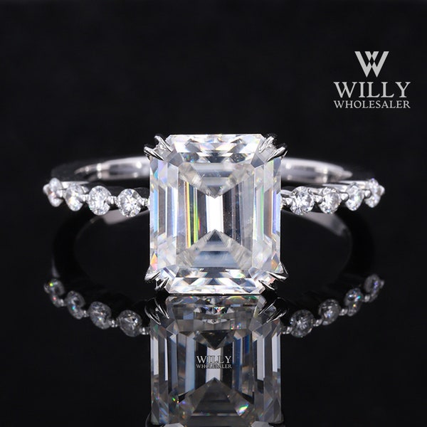 Bubble Shape Band Ring, Double Claw Prong Basket Setting Wedding Ring, 2 / 3 / 5 Carat Emerald Cut Moissanite Engagement Ring, Handmade Ring