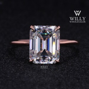 Hidden Halo Rounded Band Anniversary Ring, 4 Claw Prong Basket Set Wedding Ring, Sparky 2/ 3/ 5 Carat Emerald Cut Moissanite Engagement Ring
