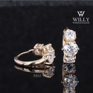Delicate Round Brilliant Cut Moissanite Latch Back Style Earrings, 3 Stone Huggie Hoop Style Designer Earrings, Wedding Anniversary Earrings