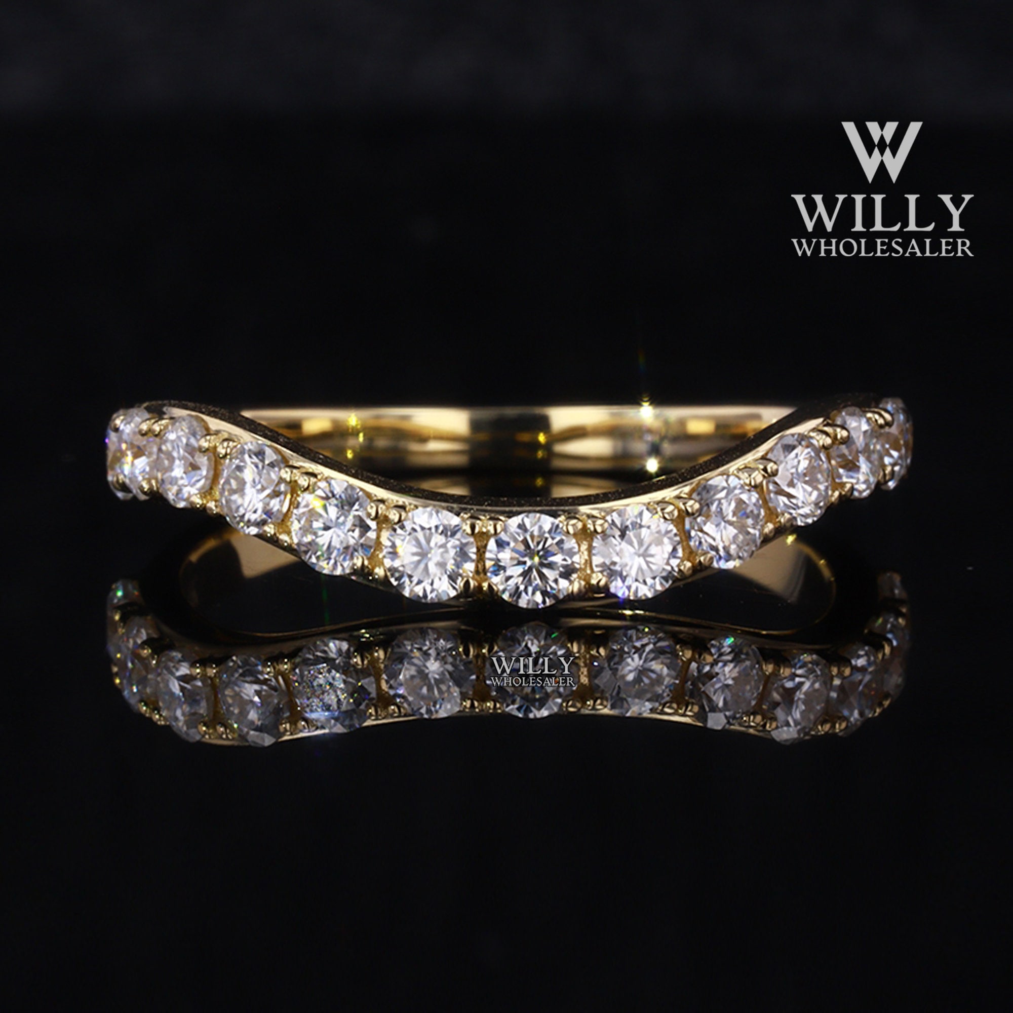 Comfort Fit Curved Shaped Anniversary Band, Half Eternity Round Brilliant Cut Moissanite Wedding Band, Matching Bands With Engagement Ring