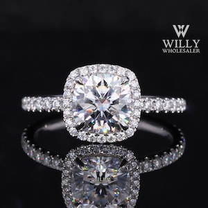 1 / 2 / 3 Carat Cushion Cut Moissanite Anniversary Ring, Halo With Basket Set Engagement Ring, 4 Claw Prong Set Wedding Ring, Handmade Ring