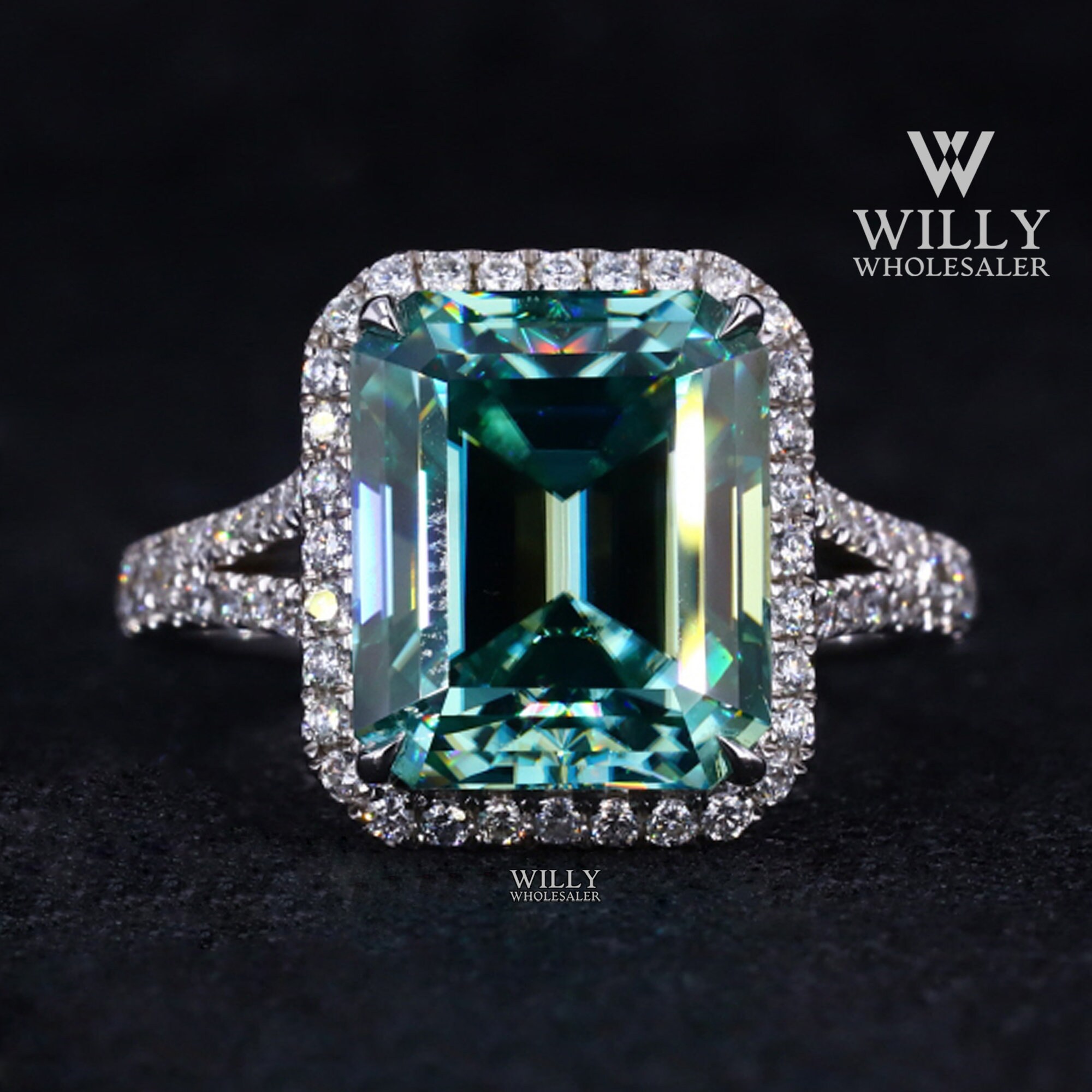 Designer Split Shank Wedding Ring, 4 Prong Halo Set Engagement Ring, 3/ 5/ 6 Carat Fancy Green Emerald Cut Moissanite Anniversary Ring Gift
