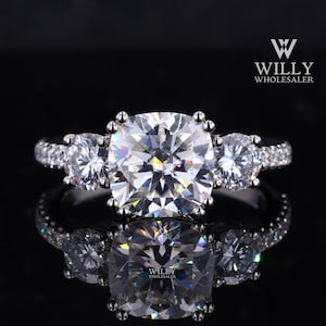 3 Stone Traditional Ring, Double Rounded Prong Engagement Ring, 2 / 3 / 4 Carat Cushion With Round Brilliant Cut Moissanite Engagement Ring