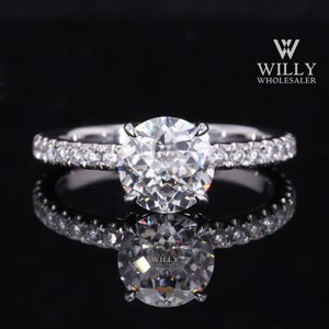 Hidden Halo Solitaire Anniversary Ring, Colorless Jubilee Cut 1 / 2 / 3 Carat Moissanite Engagement Ring, 4 Claw Prong Designer Wedding Ring