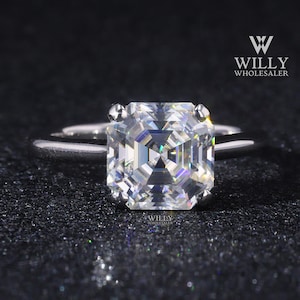 4 Claw Prong Solitaire Anniversary Ring, Basket Set Rounded Comfort Fit Wedding Ring, 1 / 2 / 3 Carat Asscher Cut Moissanite Engagement Ring