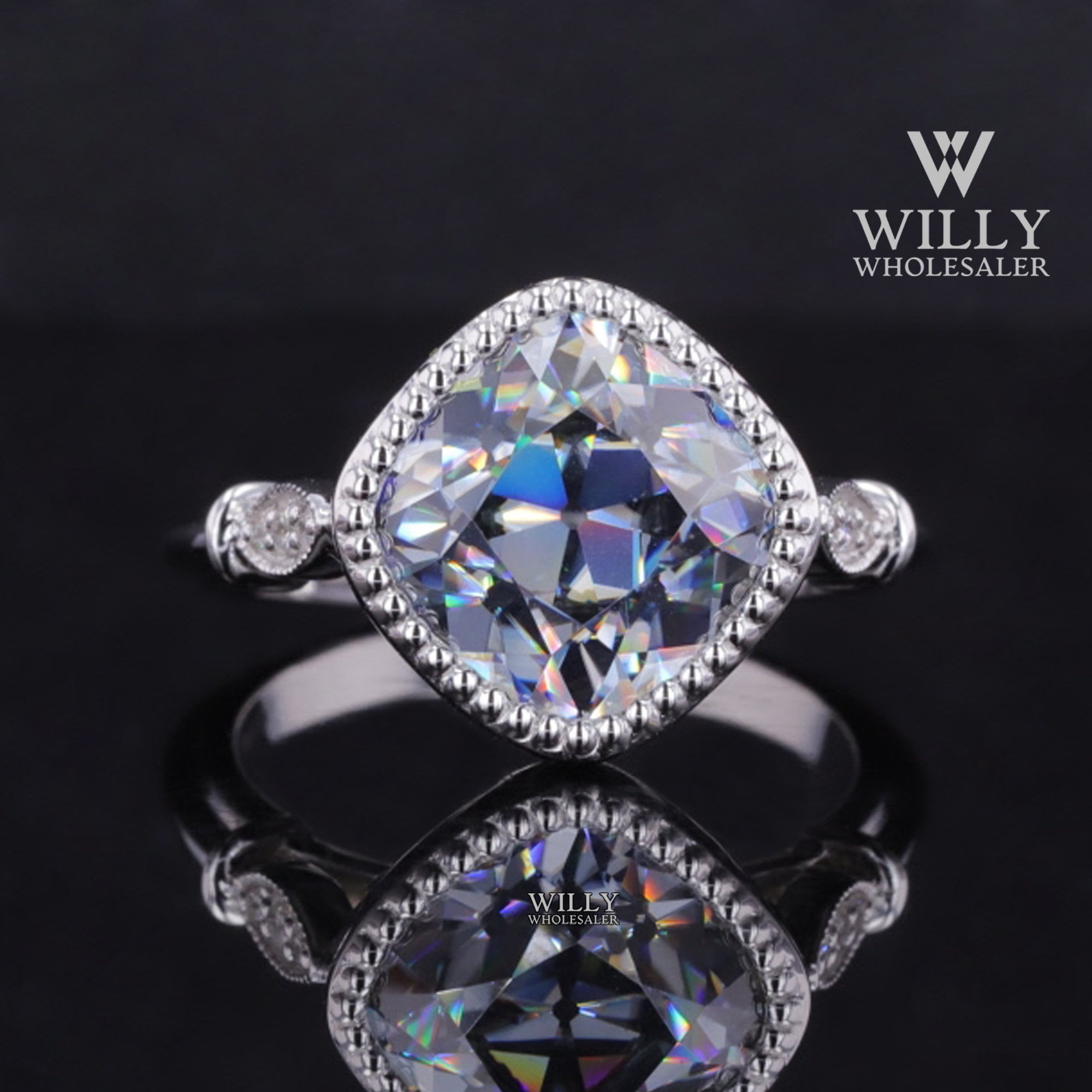 Art Deco Milgrain Compass Set Filigree Wedding Ring, Amazing 1/ 2/ 3 Carat Light Grey Old Mine Square Cushion Cut Moissanite Engagement Ring