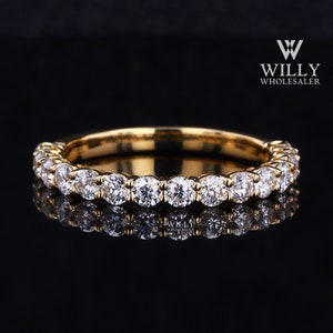 Band For Bridal Set, Delicate Round Brilliant Cut Moissanite Anniversary Band, Matching Band For Engagement Ring, Half Eternity Wedding Band