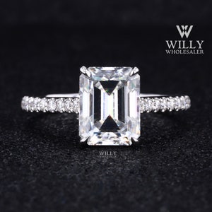 Hidden Halo Cathedral Set Anniversary Ring, Wonderful 2 / 3 / 5 Carat Emerald Cut Moissanite Engagement Ring, 4 Claw Prong Set Wedding Ring