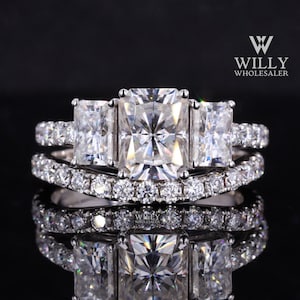 Bridal Set, Colorless Radiant Cut Moissanite Anniversary Ring, Three Stone Four Prong Set Ring With Curved Shaped 1/2 Eternity Matching Band
