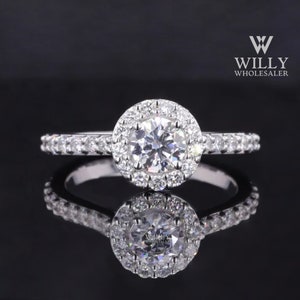 Halo Designer Cathedral Set Anniversary Ring, 4 Prong Set Engagement Ring, 0.45/ 0.75/ 1.15 Carat Round Cut Moissanite Wedding Ring For Her