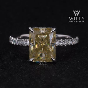 Art Deco Hidden Halo Engagement Ring, 4 Claw Prong Basket Set Anniversary Ring, 2/3/5 Carat Yellow Radiant Cut Moissanite Wedding Ring Gift