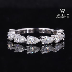 Sparky Pear Cut Moissanite Engagement Band, 3/4 Eternity East West Set Wedding Band, Matching Band For Anniversary Ring, Love Proposal Ring