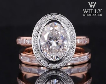 Oval Moissanite Bridal Ring Set: Two Tone Halo Wedding Ring
