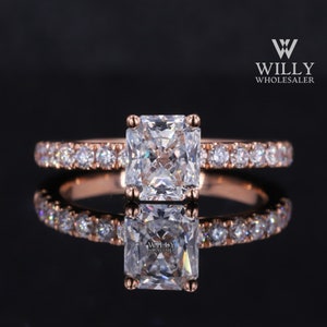 Solitaire Basket Set 4 Prong Engagement Ring, Half Eternity Band Wedding Ring, 1/ 2/ 3 Carat Radiant Cut Moissanite Anniversary Ring For Her