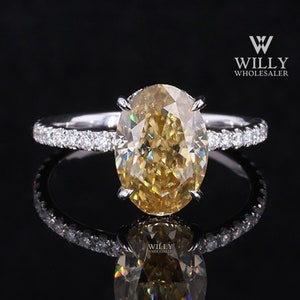 Hidden Halo Anniversary Ring, Four Prong Basket Set Wedding Ring, 2.25/ 3/ 3.75 Carat Ice Crushed Yellow Oval Cut Moissanite Engagement Ring