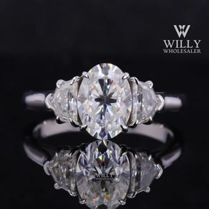 Three Stone Wedding Ring, 4 Claw Prong Designer Engagement Ring, 1/ 2/ 3 Carat Elongated Oval With Trapezoid Cut Moissanite Anniversary Ring