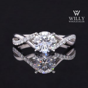 Twist Shank Wedding Ring, Designer Hidden Halo Delicate Anniversary Ring, 1.25/ 2/ 2.75 Carat Round Brilliant Cut Moissanite Engagement Ring