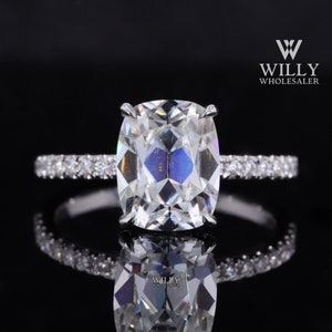 Hidden Halo Wedding Ring, 4 Claw Prong Basket Set Solitaire Anniversary Ring, 2/ 3/ 5 Carat Old Mine Cushion Cut Moissanite Engagement Ring