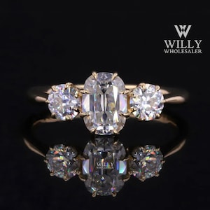 Three Stone 8 Claw Prong Wedding Ring, Designer Anniversary Ring, Fiery 1 / 1.50/ 2.50 Carat Old Mine Cushion Cut Moissanite Engagement Ring