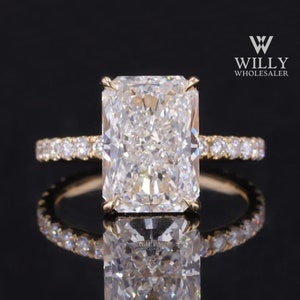Hidden Halo 4 Claw Prong Basket Set Anniversary Ring, 1.75/ 2.75/ 3.75 Carat Ice Crushed Radiant Cut Moissanite Solid Gold Engagement Ring