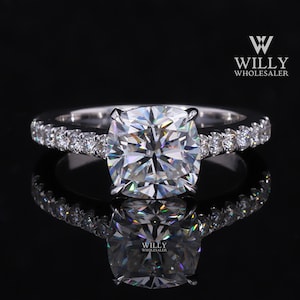 Designer Solitaire Wedding Ring, Cathedral Set 4 Claw Prong Engagement Ring, Sparky 1 / 2 / 3 Carat Cushion Cut Moissanite Anniversary Ring