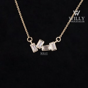 4 Stone Designer Pendant, Baguette Cut Moissanite Wedding Necklace, Full Bezel Cluster Set Pendant With Cable Chain, Christmas Gift For Her