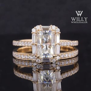 Delicate Radiant Cut Moissanite Anniversary Ring, Bridal Set, Hidden Halo Engagement Ring With Full Eternity Stackable Matching Wedding Band