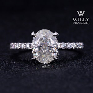 Hidden Halo Designer Anniversary Ring, 4-Claw Prong Basket Set Engagement Ring, 1/ 2/ 3 Carat Oval Cut Moissanite Wedding Ring, Promise Ring
