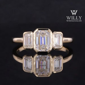Full Bezel Set Trilogy Wedding Ring For Her, 3 Stone Designer Anniversary Ring, Secure Stone Emerald Cut Moissanite Engagement Ring For Gift