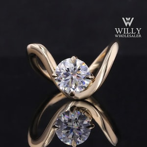 Single Stone Solitaire 4 prong Set Engagement Ring, U Shape Unique Wedding Ring, 1/2/3 Carat Round Brilliant Cut Moissanite Anniversary Ring