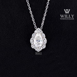 Designer Halo Tear Drop Pendant, Dainty 0.85/ 1.55/ 2.25 Carat Pear Cut Moissanite Engagement Necklace With Cable Chain, Wedding Collection