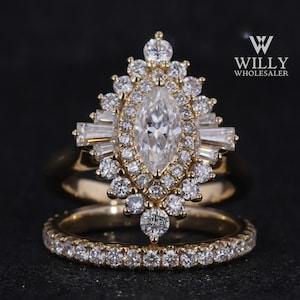 Bridal Set Ring, Marquise With Tapered Baguette Cut Moissanite Anniversary Ring, Art Deco 3/4 Eternity Band With Double Halo Engagement Ring