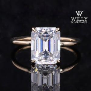Rounded Band Hidden Halo Anniversary Ring, 4 Claw Prong Basket Set Wedding Ring, 2 / 3 / 5 Carat Emerald Cut Moissanite Engagement Ring Gift