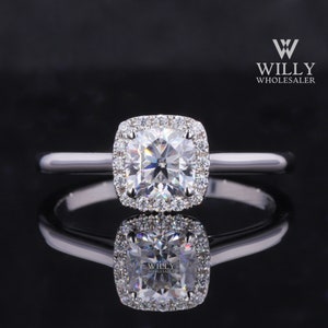 Halo Four Prong Set Engagement Ring, Simple Cathedral Set Designer Wedding Ring, 0.5 / 1 / 1.5 Carat Cushion Cut Moissanite Anniversary Ring