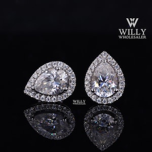 Halo Three Prong Stud Earrings, Colorless 0.86/1.50/2.30 TCW Pear Cut Moissanite Engagement Earrings, Screw Back Style Wedding Gift Earrings