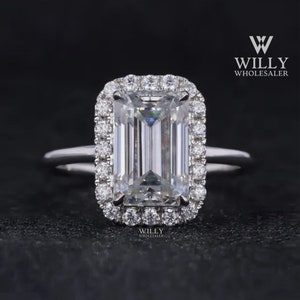 Antique Halo Basket Set Wedding Ring, 1/ 2/ 3 Carat Emerald Cut Moissanite Engagement Ring, 4 Claw Prong Plain Rounded Band Anniversary Ring