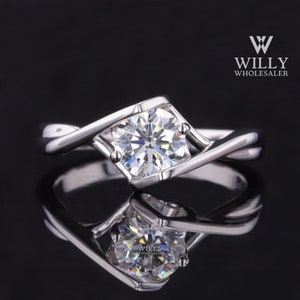 Solitaire Twist Shank Ring, Designer Bypass Set Wedding Anniversary Ring, 1.25/ 2/ 2.75 Carat Round Brilliant Cut Moissanite Engagement Ring
