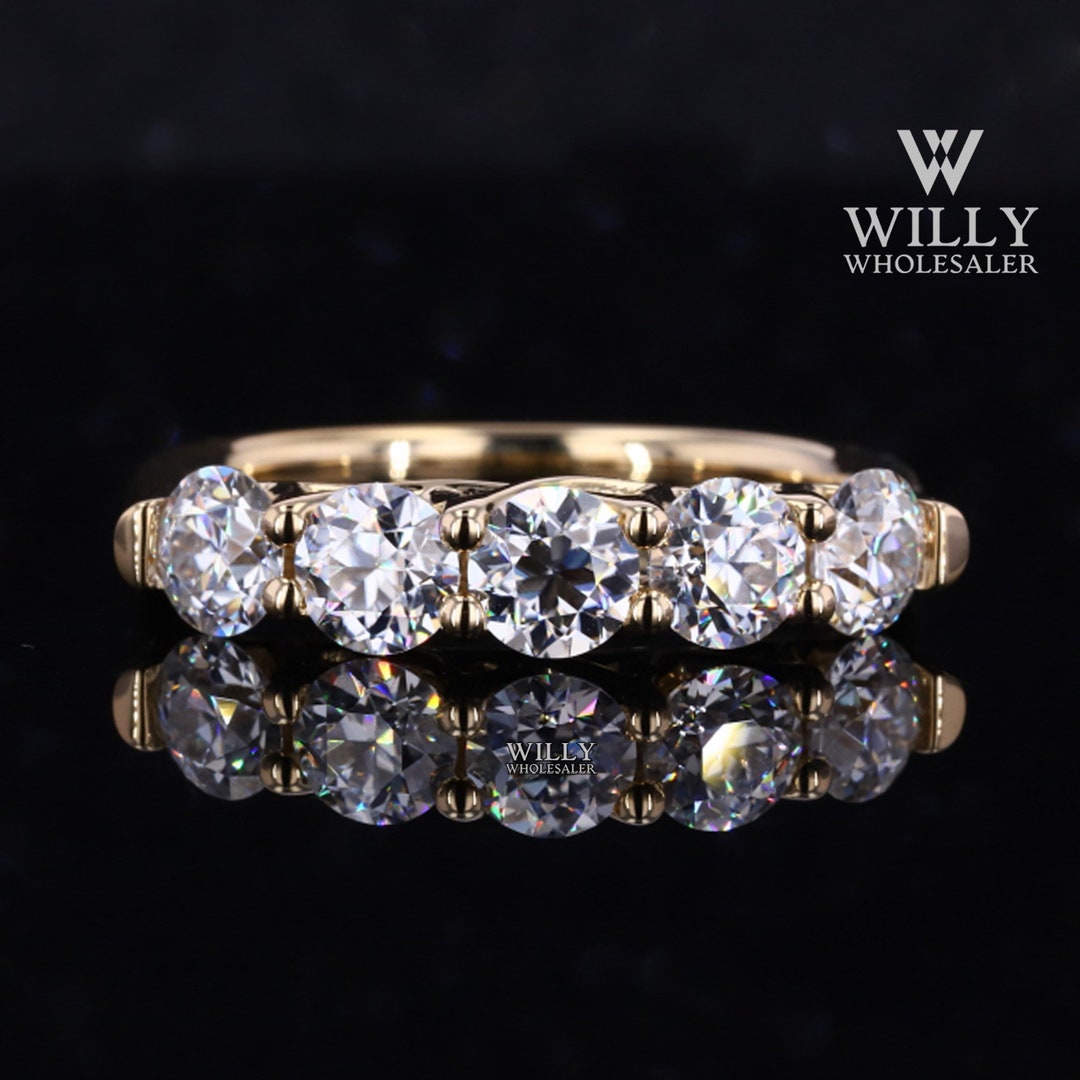 5 Stone Moissanite Wedding Band, Colorless Round Brilliant Cut