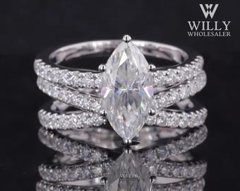 Bridal Set Ring, Hidden Halo Designer Engagement Ring With Crossover Matching Wedding Band, 1.75/ 2/ 2.85 Carat Marquise Cut Moissanite Ring