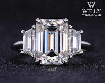 Three Stone Ring: 2.75/ 4/ 5.75 Carat Emerald With Trapezoid Baguette Cut Moissanite Anniversary Ring, 14k Solid White Gold Engagement Ring