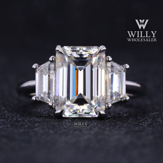 Three Stone Ring: 2.75/ 4/ 5.75 Carat Emerald With Trapezoid Baguette Cut Moissanite Anniversary Ring, 14k Solid White Gold Engagement Ring