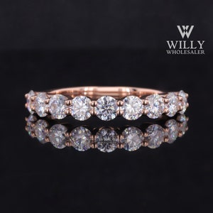 Round Brilliant Cut Moissanite Wedding Band, Bubble Shape Matching Band For Engagement Ring, Half Eternity Shared Prong Set Anniversary Band