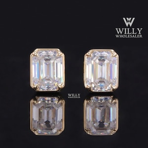 Georgian Cut Down Collet Set Earrings, Solitaire Edwardian Earrings, Delicate 2/ 3.50/ 5 TCW Emerald Cut Moissanite Push Back Style Earrings
