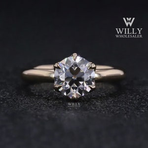 Solitaire Tulip Basket Set 6Claw Prong Engagement Ring, 1.50/ 2/ 2.50 Carat Old European Round Cut Moissanite Anniversary Ring, Promise Ring