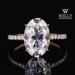 Basket Set Hidden Halo Anniversary Ring, 4Claw Prong Solitaire Wedding Ring, Fiery 2/3/4 Carat Elongated Oval Cut Moissanite Engagement Ring