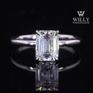 Tulip Basket Set Designer Anniversary Ring, 1 / 2 / 3 Carat Emerald Cut Moissanite Solitaire Engagement Ring, 4 Claw Prong Set Wedding Ring