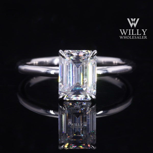 1.75/2.4/3.5 Carat Emerald Cut Moissanite Engagement Ring: 4 Claw Prong Tulip Basket Setting Solitaire Wedding Ring, Handmade Custom Jewelry
